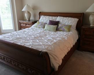 Queen size bed and bedding , pair of lamps
