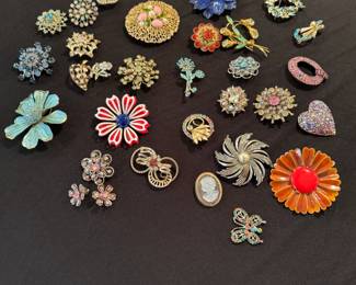 Collection of costume jewelry pins.