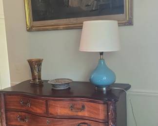 Walnut Buffet, Vase, Gold Framed Print with Ben Franklin