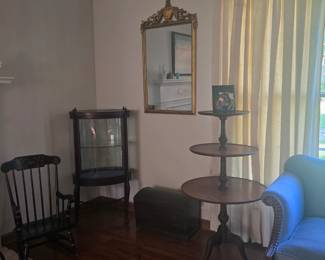 Childs Rocker, Display Cabinet, Small Wood Trunk, Mirror