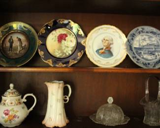 Decorator Plates and Tea Pot and Glassware