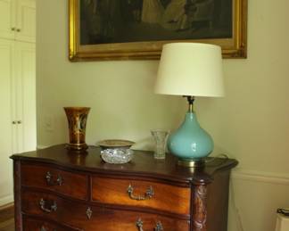 AWood Serpentine Front Carved Edge BuffetDresser, Ben Franklin Framed Art, Vase