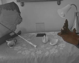 Antique Parasol with BOne Handle, Vintage Pitcher, Wood Shelf, Lenox Swan, Lamp