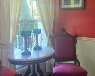 Oval Accent Table, Eastlake Chair, Art, Glass Opal With Crystal Fireplace Lusters