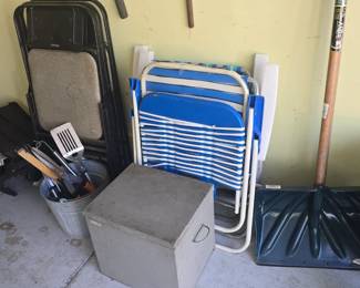 Folding and Lawn Chair and Milk Crate, Snow Shovel, BBQ