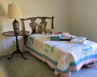 Carved Twin Bed, Cloisonne Lamp, Pie Table, Quilt