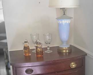 Art Glass Elephants, Wedgewood Lamp, Small Dresser or Night Stand