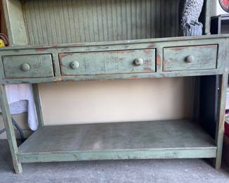 Green Hutch - two pieces Overall size from top/bottom 84" w x 60" w Bottom with three deep drawers - 20"htx36"Wx 60"L Top piece 47"ht x 58"w x 10" depth
