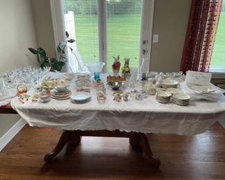 Antiques - 8 pc dish set = 52pcs, water goblets, champagne glasses, serving dishes, vases, plates, s/p shakers