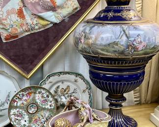 2nd of Two 18th Century Porcelain and Bronze Lidded Vase painted by Chavet. Vintage Rose Medallion Plate, Woven Majolica Basket with Bamboo and Ribbon Handle