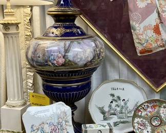 One of a Pair of 18th Century Porcelain and Bronze Lidded Vase, painted by Chavet. Vintage Chinese Porcelain Plaque, Antique Chinese Porcelain Hand Painted Tray