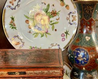 Vintage I Godinger "Butterfly and Bug" Plates, Antique Chinese Cloisonne Vase, Burmese Lacquer Box