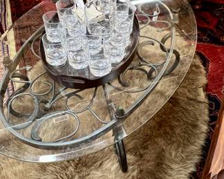 Iron and Glass Coffee Table, Krosnos Poland Handblown Low Ball Cocktail Glasses, Vintage Glass Inlay Wooden Tray, Faux Hide Coasters