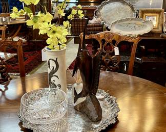 Footed Silver Plate Tray, Vintage Limoges Vase, Ironwood Carved Sail fish