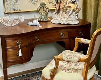 Vintage Antique Writing Desk, Carved French Style Louis XV Armchairs with Needlepoint