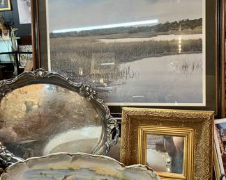 C. Ford Riley Limited Edition Signed and Numbered Print of Brooks Cove, Silver Plated Handled Tray, Limoges France Hand Painted Fish Platter