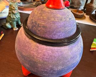 Art pottery, damage to inner lid. Repaired.