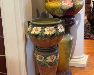 Pair of antique majolica plant stands