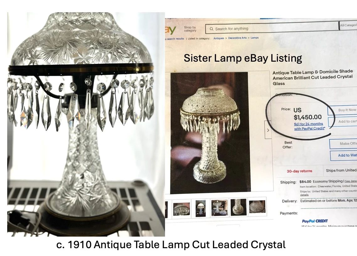 1910 Lead Crystal Table Lamp, with one missing crystal prism. Here, it is pictured with a sister lamp that was sold on eBay.