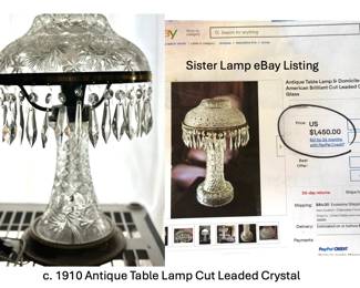 1910 Lead Crystal Table Lamp, with one missing crystal prism. Here, it is pictured with a sister lamp that was sold on eBay.