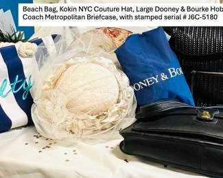 Kokin NYC Couture Hat / Large Dooney & Bourke Hobo with Dust Cover / 1996 Genuine Coach Metropolitan Brief Case / Canvas Beach Bag
