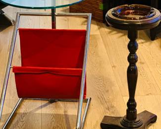 Lamp table/magazine rack combo. Also a vintage Mid-century wooden ashtray stand. (This is a non-smoking home, it was used as a prop in an office.)