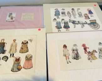 Three of seven Victorian Paper Dolls, mounted in a matted frame. Judging from the writings on the the back of some of the loose cuttings, these are likely cut from an early 1900s magazine, such as Godey Ladys' Book. These are a little smaller than the other four. Also pictured is one of many vintage prints, mounted in a special fashion.