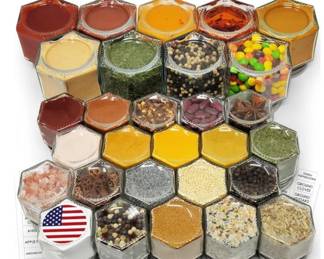 29 (9 Large 4oz + 20 Standard 2oz) Magnetic Spice Jars for Refrigerator, Hexagon Glass Spice Jar Magnetic Lid Shaker Spice Labels, Magnetic Spice Containers for Fridge. Brilliant storage solution. Comes with unexpired spices and labels. USA, GLASS, STAINLESS STEEL, BPA FREE, REUSABLE, RECYCLABLE. Purchased on Amazon 12/2024 for %69.