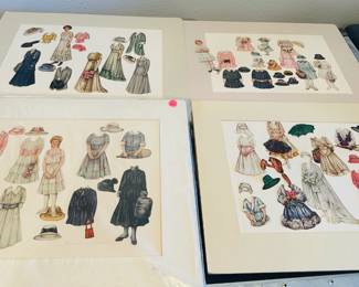 Four of seven large sets of Victorian paper dolls. Cut from a vintage magazine and mounted on mattboard.
