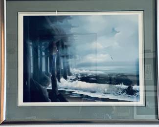 Beautiful framed lithograph, "The Wharf" by Marc Inge Saastad. Signed and numbered 202/750. Saastad was born in 1940, and immigrated to California in 1969.
