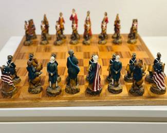 Revolutionary War resin Chess Set with board. Set was purchased at Harrod's in London in 1984, and has pretty much been stored ever since. Pieces were hand painted. Truly beautiful.