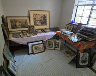 Many Framed antique ENGRAVINGS, prints, and a few photos.