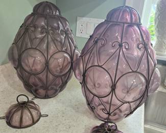 Glass Italian Pair of hanging cage lights.