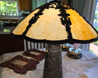 Slag Glass lamp shade. Antique. Ornate heavy metal base.
