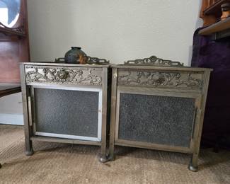 Pair of very unusual metal nightstands (as is-need tops)
