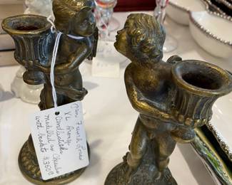 French made bronze candlesticks, Kissing Cherubs