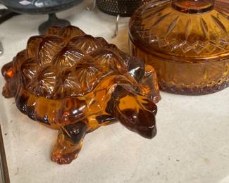 Amber Glass Turtle Candy Dish