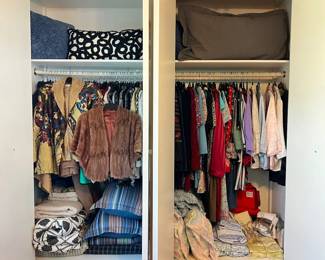 women's clothing including vintage fur stole, bedding