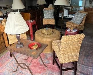 banana leaf counter chairs, red metal barstools, burlap ottoman, area rug