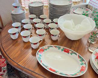Tienshan Christmas china, Anchor Hocking milkglass punch bowl/cups