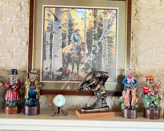 vintage ceramic liquor bottles, Sorenson framed print, Austin Prod. cowboy sculpture