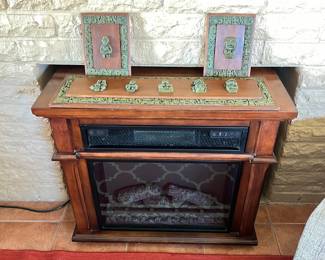 MCM Mayan crushed malachite wall hangings, Duraflame electric fireplace