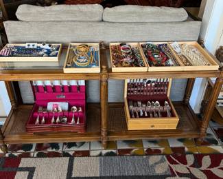 costume jewelry, Thomasville caned wood sofa table, Community "Coronation" and Reed & Barton "Festivity" silverplate flatware