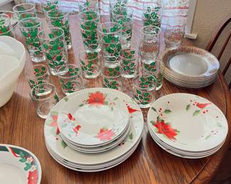 Gibson "Natural Poinsettia" china, holly berry glasses, Arcoroc Holly glass plates
