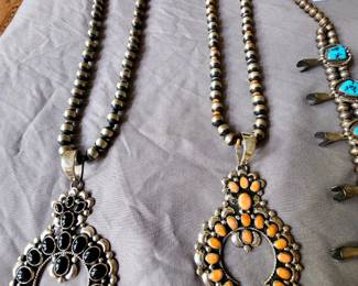 Black onyx and Spiny Oyster sterling Squash Blossom Necklaces signed by G James