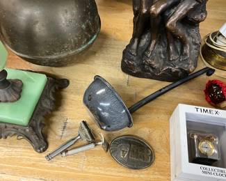 Vtg Razors, Water Dipper - Red Man Belt Buckle - Timex Miniature Clock