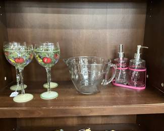 Hand Painted Artesian Wine Glasses - Pampered Chef Glass Measuring Cup - Pink Glass Soap Dispensers & Metal Holder