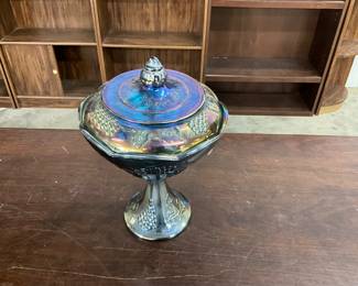Indiana Blue Carnival Glass Harvest Grape Pedestal Candy Dish