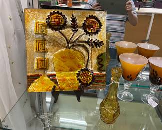 Fused Art Glass Platter - Amber Glass Decanter - Art Nouveau Goblets