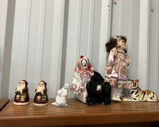 Santa S&P Shakers - Ghost Candle Holder - Porcelain Bozo the Clown - Porcelain Doll - Ceramic Tiger Figurine